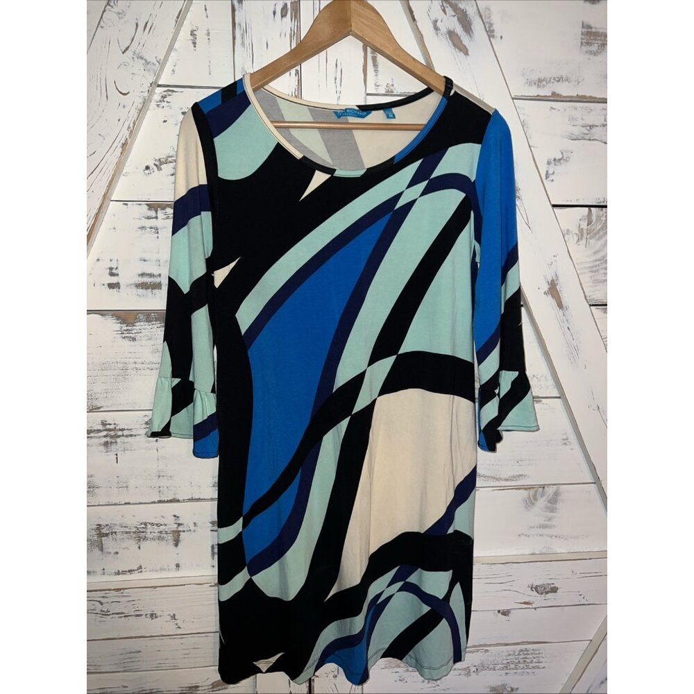 Tori Richard Dress Blue Geometric Stripe Print Bell 3/4 Sleeve Pullover Sz M